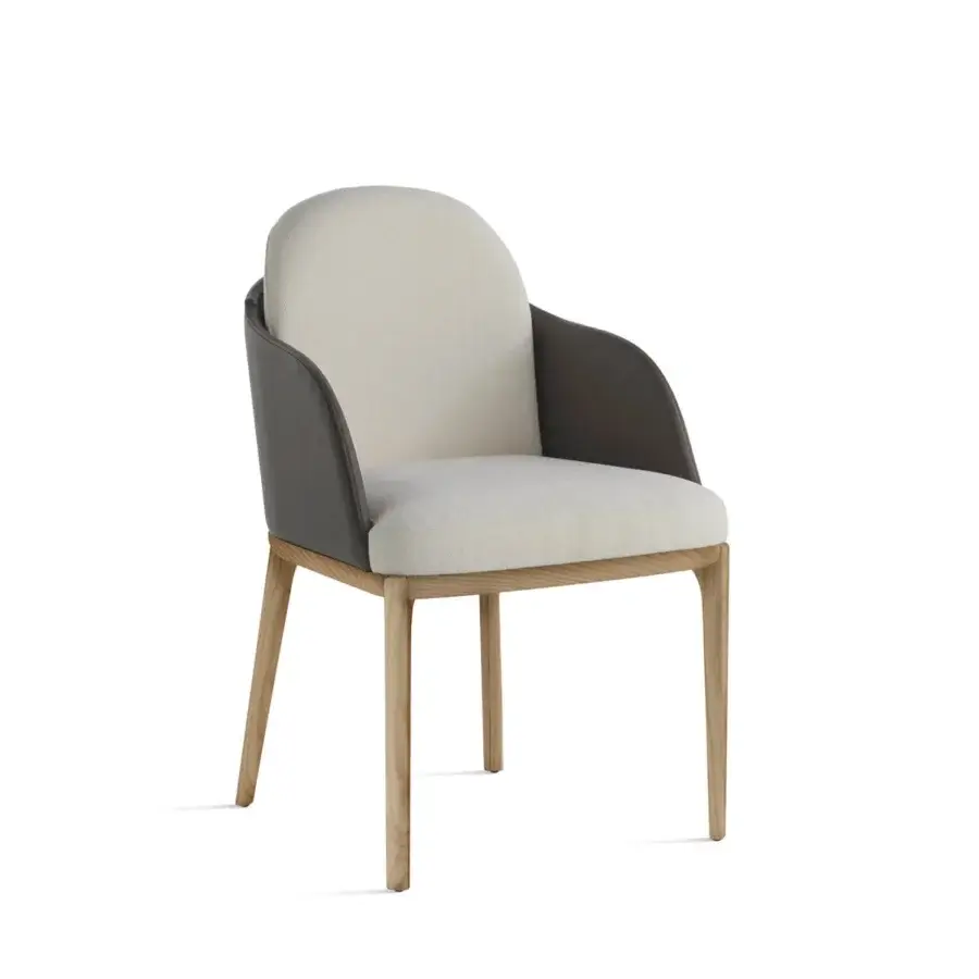Distinguished Horm Piccadilly armchair upholstered in textured beige textile with smooth matte synthetic armrests and satin light-toned wood frame