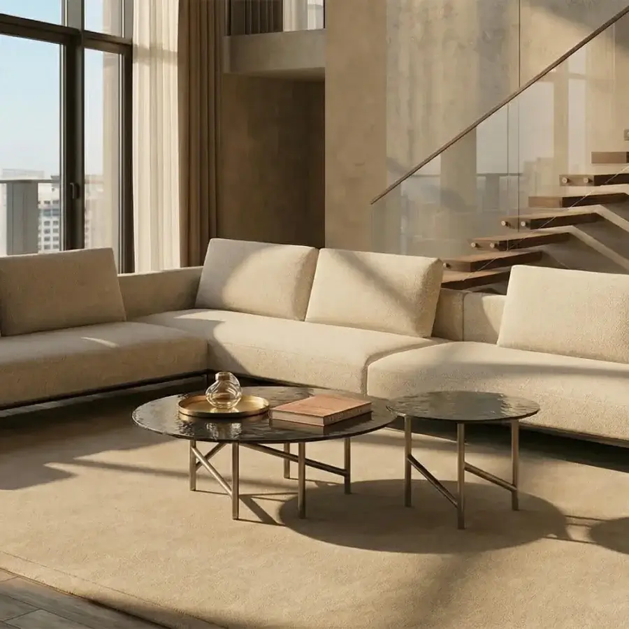 Exclusive Horm Alexander coffee table with a refined metal base and hammered glass tabletop in a dark matte finish