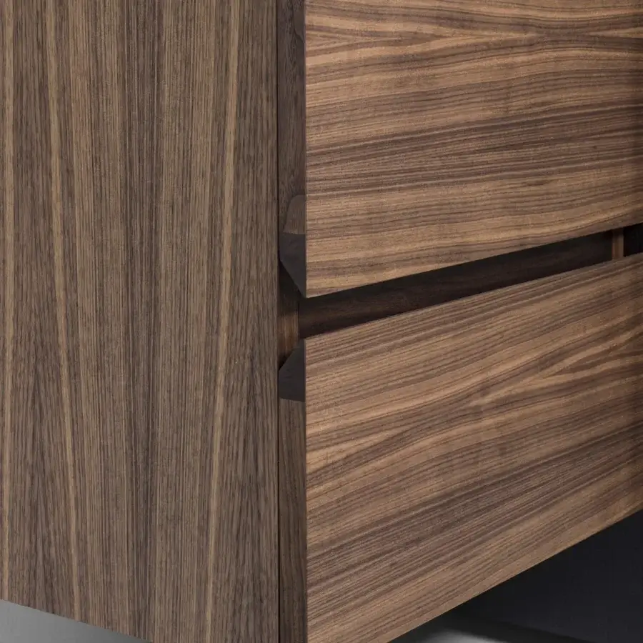 Avant-garde Riva 1920 Aparadox sideboard crafted in solid wood with matte finish and medium brown tone exhibiting a unique three-module composition