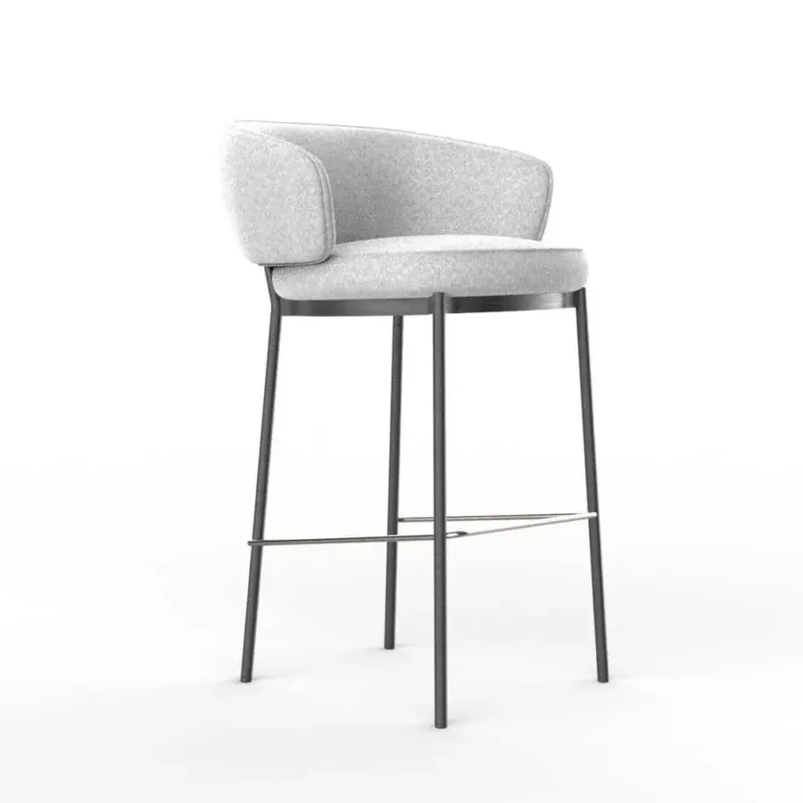 Elegant Horm Vendome stool in light gray textured textile with matte finish and slim dark metal frame
