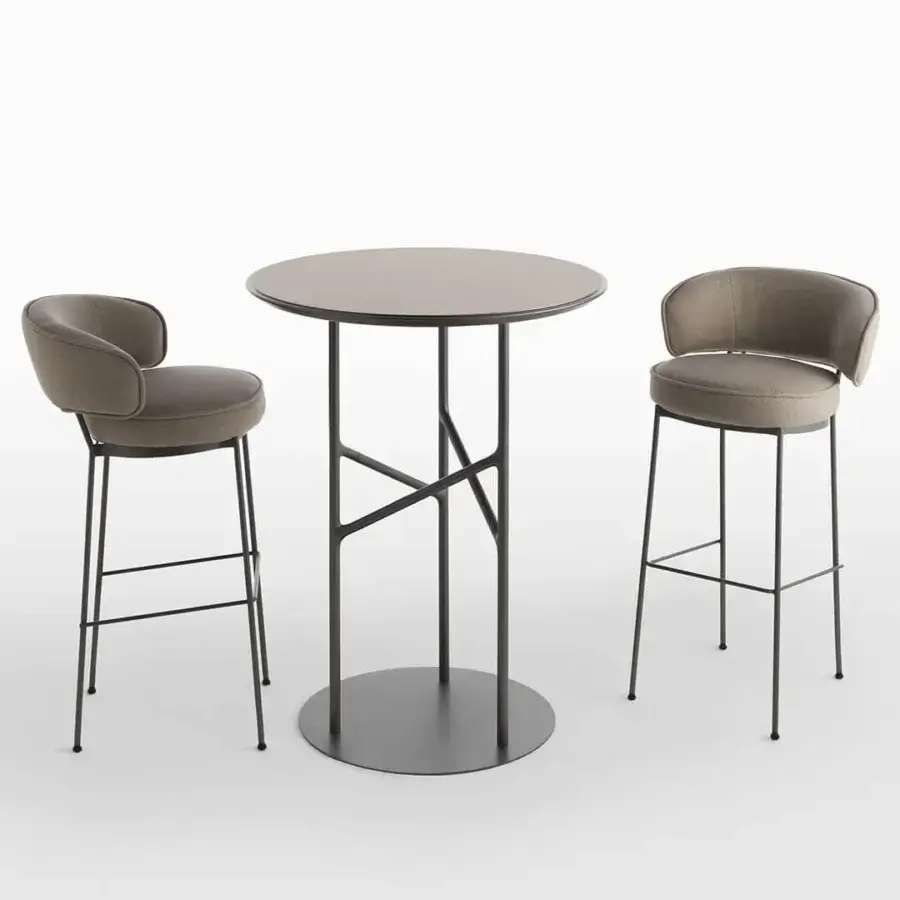 Superior Horm Vendome stool upholstered in neutral gray-beige textile with a smooth matte finish and slim dark metal frame