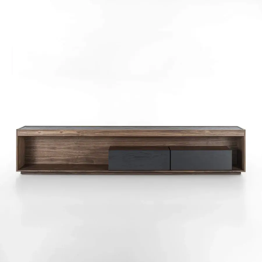Distinguished Riva 1920 Dream TV stand crafted in medium-dark wood with matte texture and integrated LED lighting within a central darker drawer