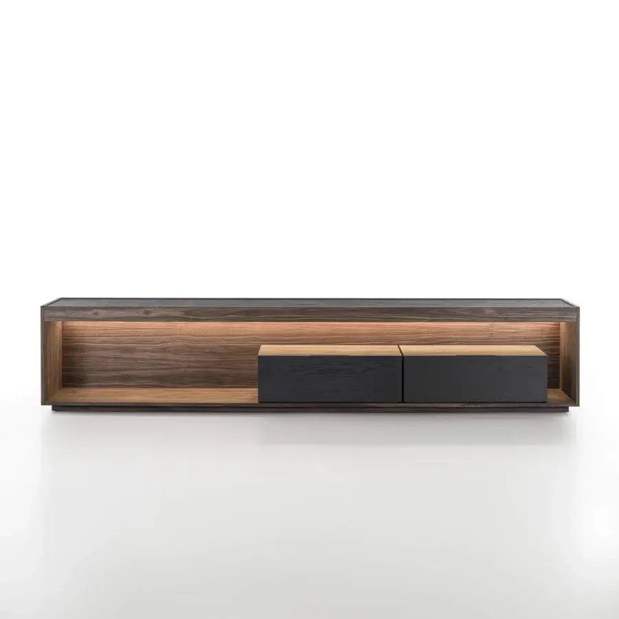 Exceptional Riva 1920 Dream TV stand crafted in warm brown wood with dark matte finish and integrated lighting