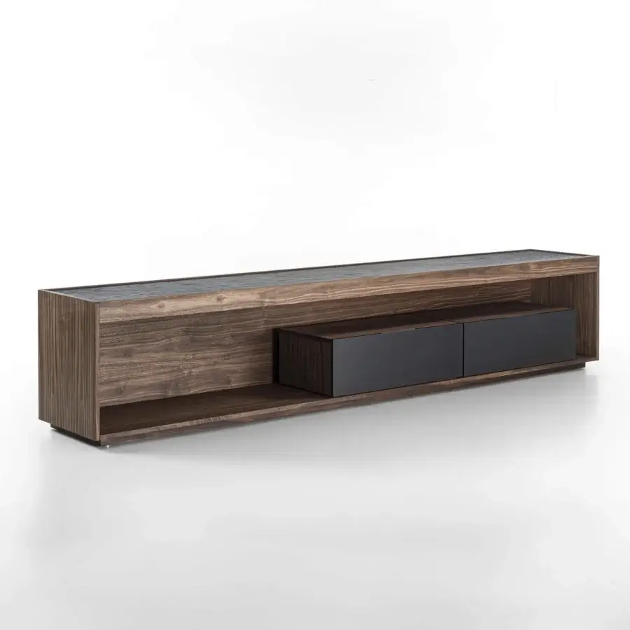 Superior Authentic Designs Dream TV stand crafted in solid wood with satin finish and contrasting black cabinet doors