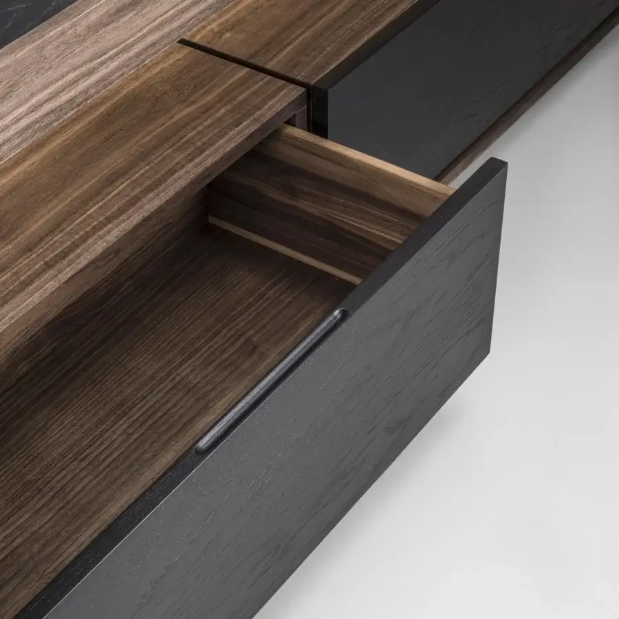 Exceptional Riva 1920 Dream TV stand crafted in solid wood with a medium-dark finish and contrasting drawer fronts with integrated lighting