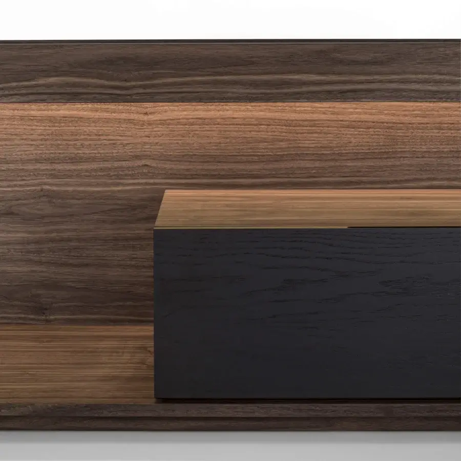 Elegant Riva 1920 Dream TV stand built in medium-brown and nearly black wood with a satin finish and integrated lighting