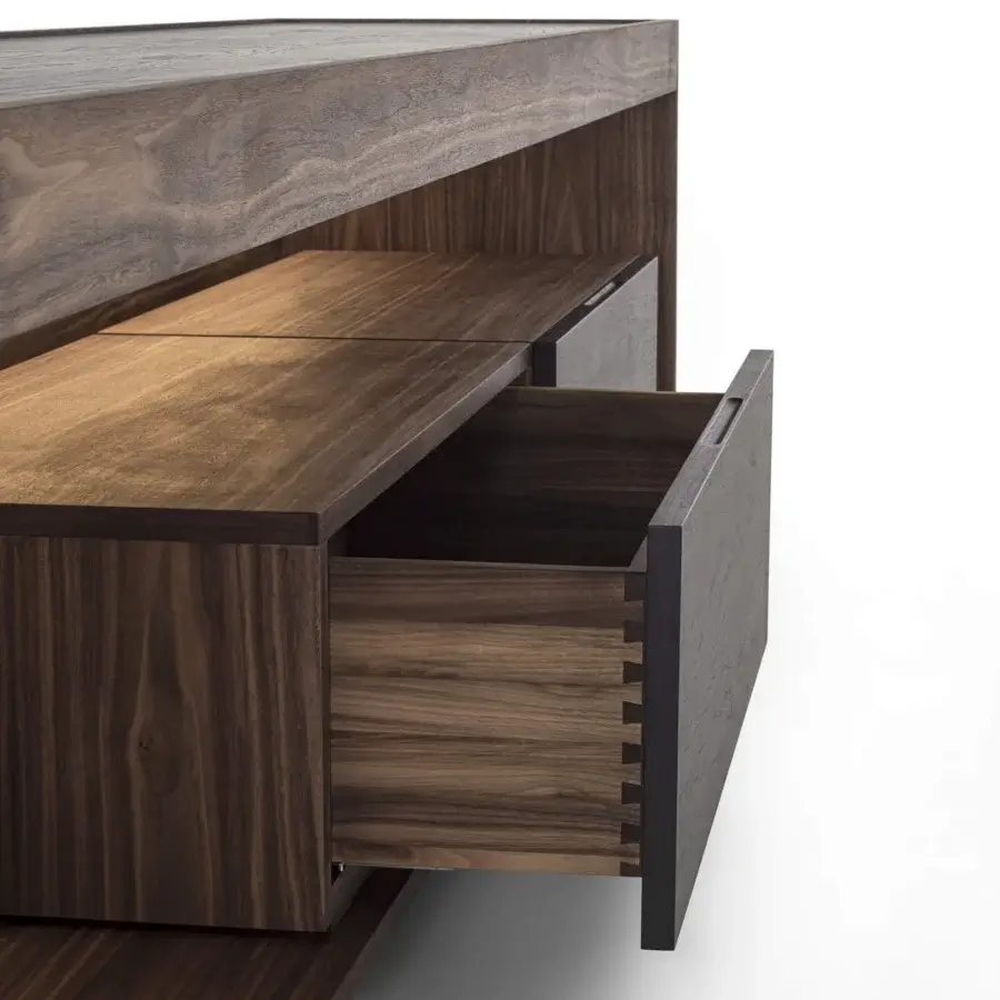 Distinguished Authentic Designs Dream TV stand crafted in solid wood with a satin finish and integrated lighting