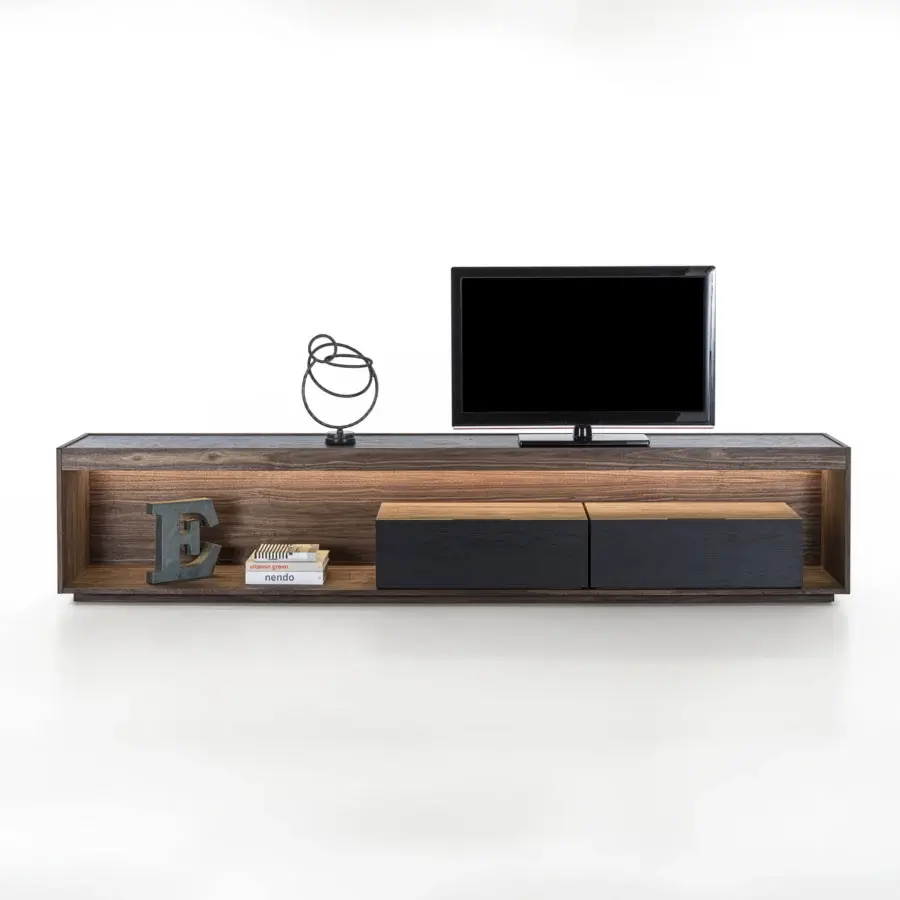 Exceptional Riva 1920 Dream TV stand crafted in warm medium-toned solid wood with seamless joinery and integrated LED lighting