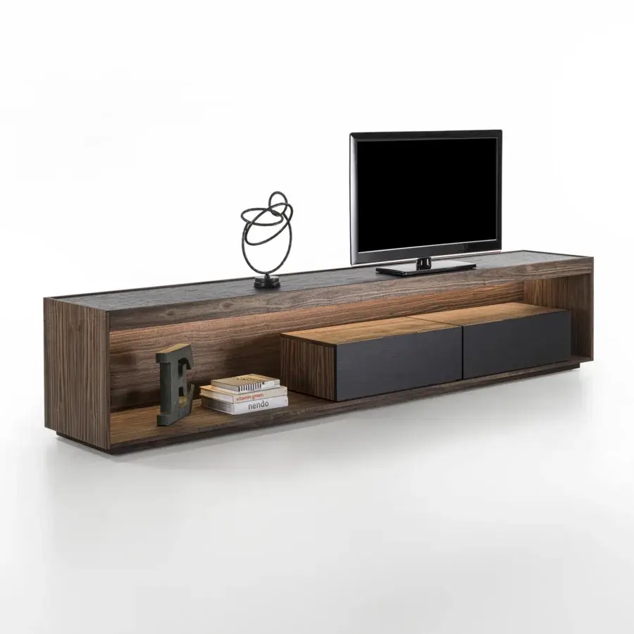 Distinguished Riva 1920 Dream TV stand crafted in solid wood with a textured matte dark brown finish and integrated lighting