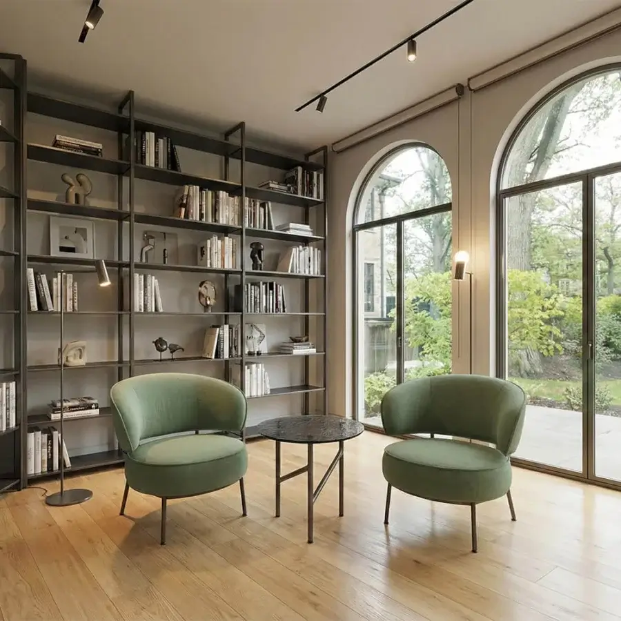 Distinguished Horm Vendome lounge chair with smooth matte textile upholstery and gently curved lines in a muted green finish