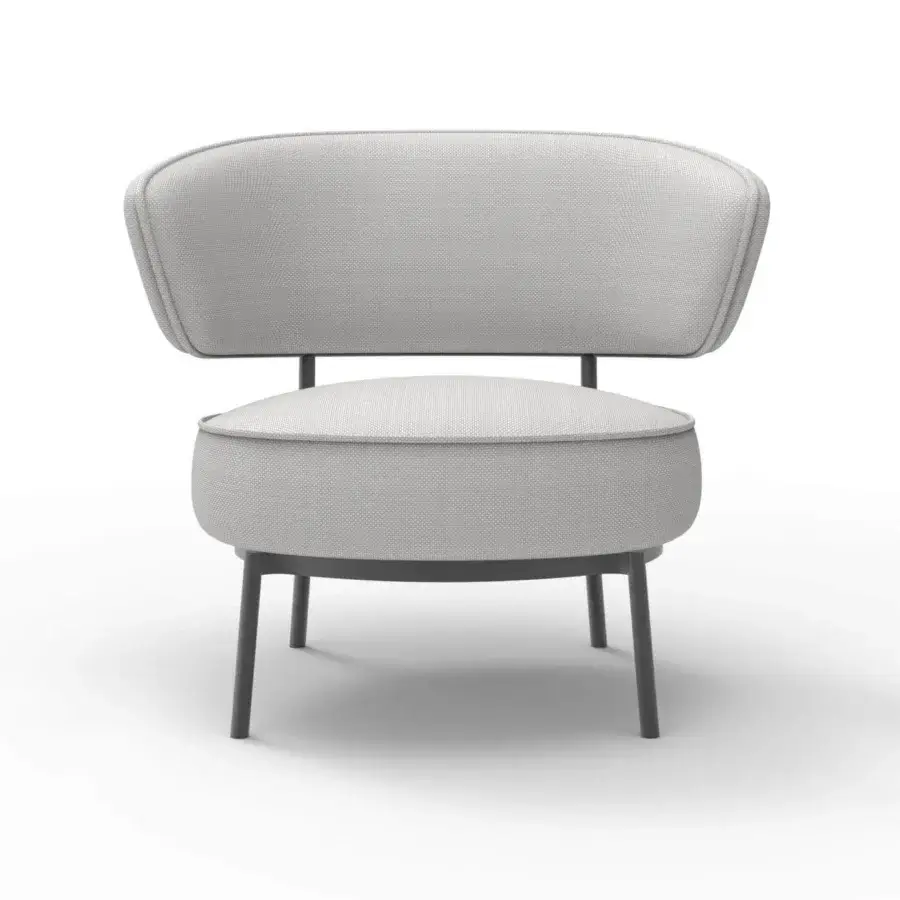 Superior Horm Vendome lounge chair with inviting rounded form and light gray textured textile upholstery built with a dark-toned metal frame