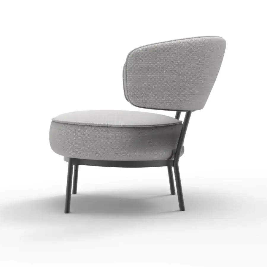 Exceptional Horm Vendome lounge chair with rounded form and subtly textured light gray textile, built with a matte dark gray frame
