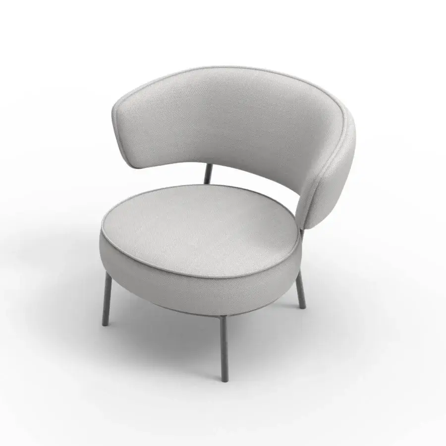 Lavish Horm Vendome lounge chair with gently curved form and light gray textile upholstery built with a slender matte metal frame