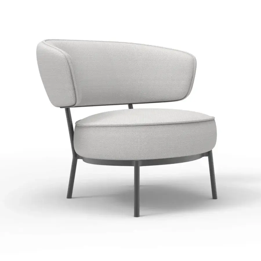 Superior Horm Vendome lounge chair with inviting rounded form and light gray textured textile with darker gray metal frame