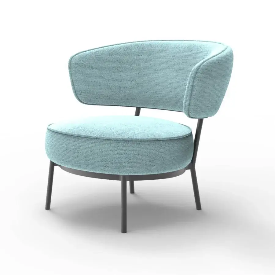 Exceptional Horm Vendome lounge chair with rounded form and textured pale turquoise textile upholstery with matte finish