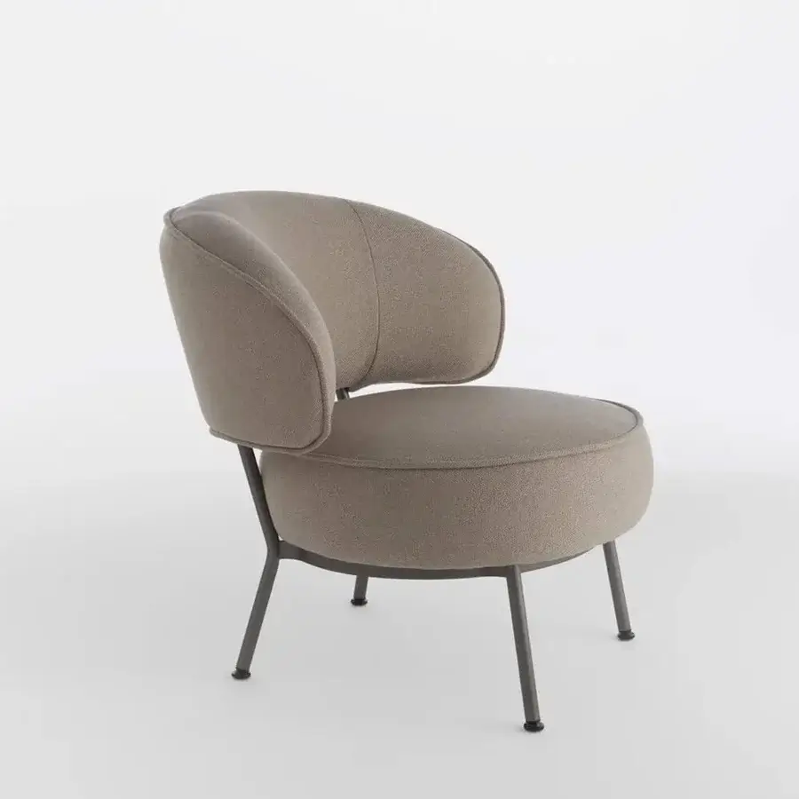 Superior Horm Vendome lounge chair with curved backrest and matte textured neutral beige textile upholstery built with dark-toned metal legs
