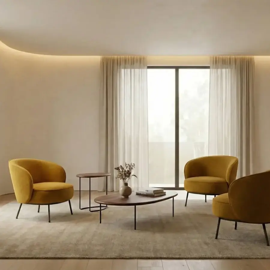 Distinguished Horm Concorde lounge chair with woven golden yellow upholstery and slender dark-toned metal legs