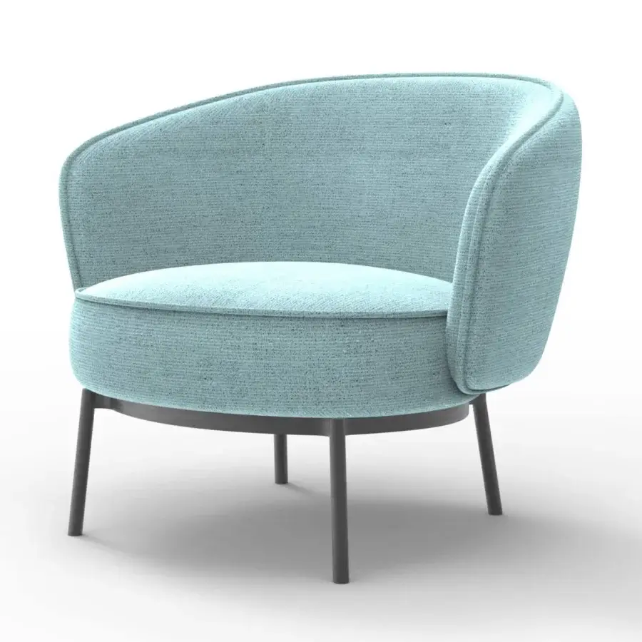 Exceptional Horm Concorde lounge chair with light blue textile upholstery, soft padding and satin-finish metal legs