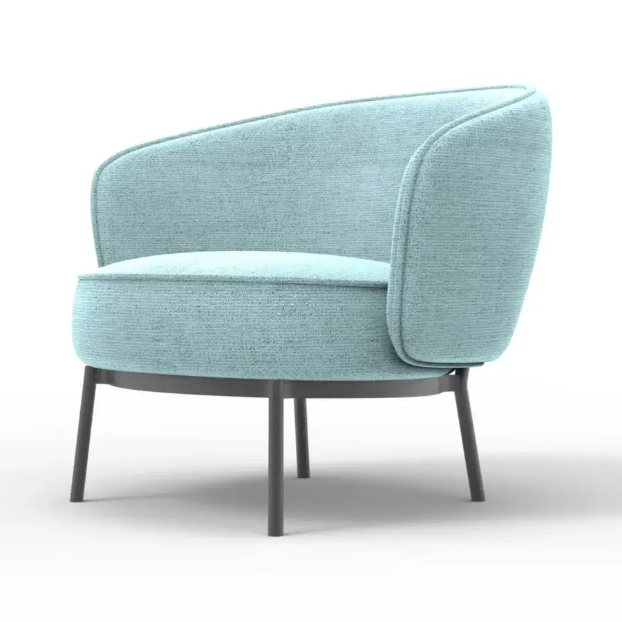 Distinguished Horm Concorde lounge chair with pastel blue textile upholstery, slender dark gray metal legs, and curved backrest