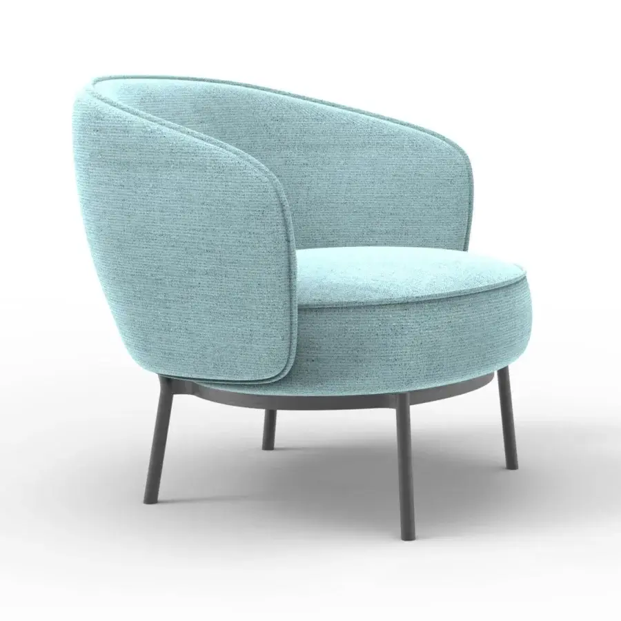 Distinguished Horm Concorde lounge chair with enveloping comfort, pastel blue textured textile upholstery and slender angled metal legs