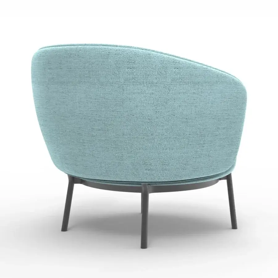 Exceptional Horm Concorde lounge chair with woven fabric upholstery in a muted pastel blue-green and sleek matte black metal base