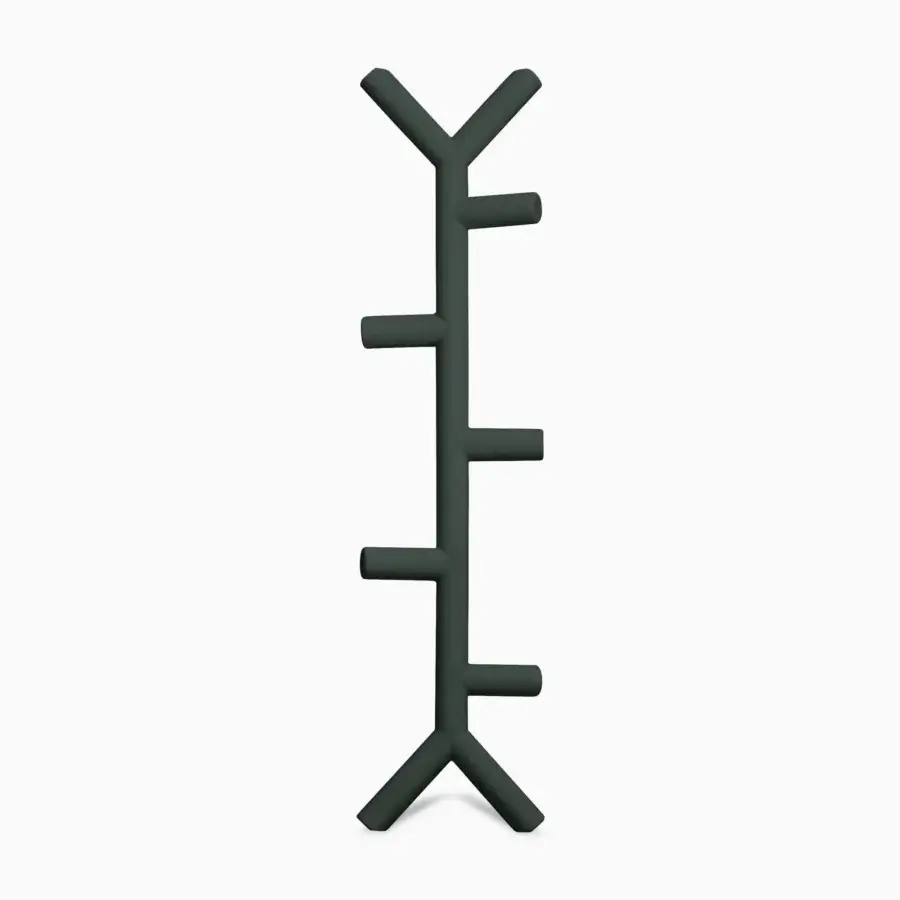 Elegant Serralunga Ramo coat stand crafted in dark green recyclable LLDPE with integrated cylindrical hooks for outdoor use