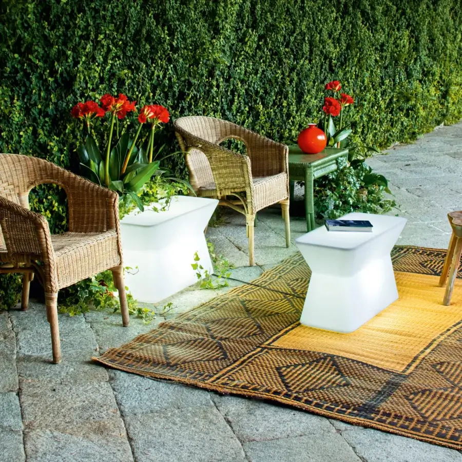 Elegant Serralunga Palenquera coffee table built in recyclable LLDPE with a smooth matte finish and integrated light system