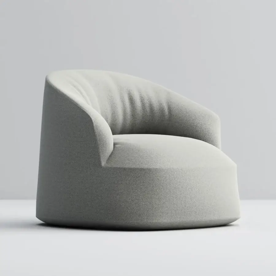 Elegant Horm Edith swivel lounge chair with enveloping form upholstered in textured neutral gray material