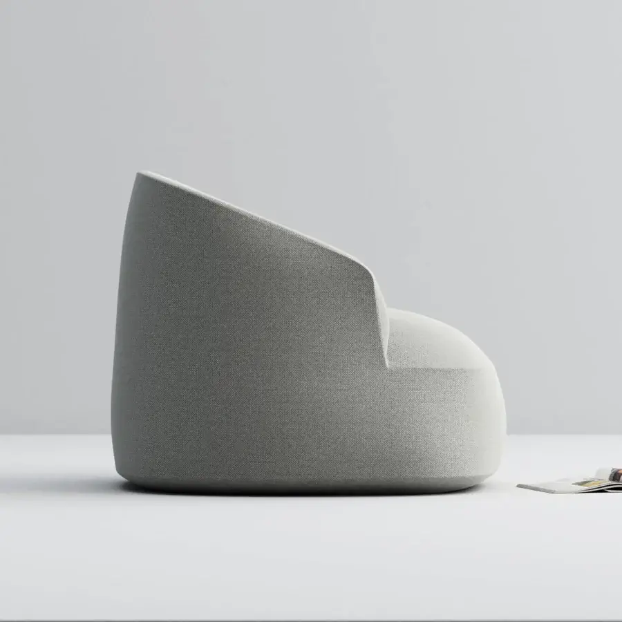 Superior Horm Edith swivel lounge chair with enveloping form expertly upholstered in textured textile material and light gray finish