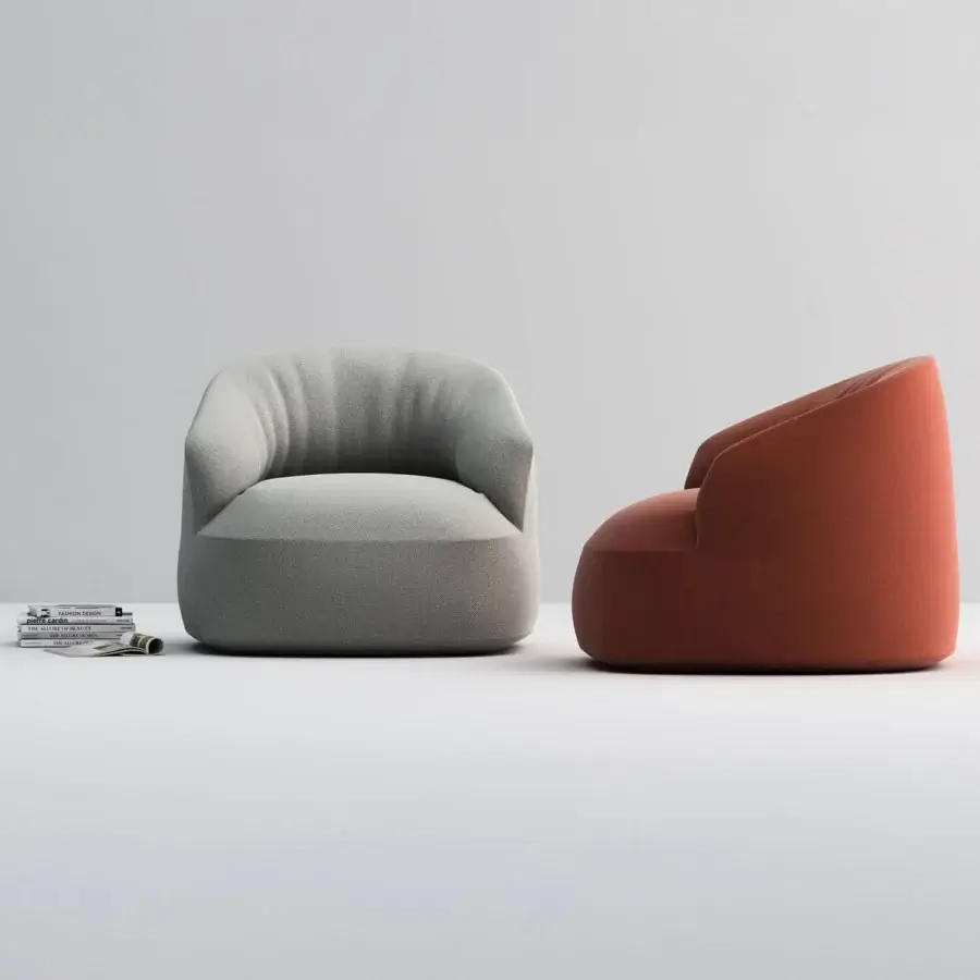 Exceptional Horm Edith swivel lounge chair with enveloping form upholstered in subtly textured muted grey textile