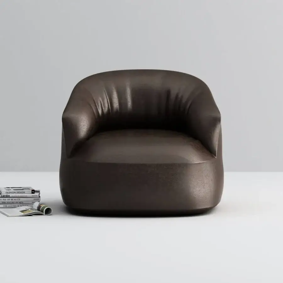 Lavish Horm Edith swivel lounge chair with organically curved silhouette upholstered in textured deep brown textile with matte finish