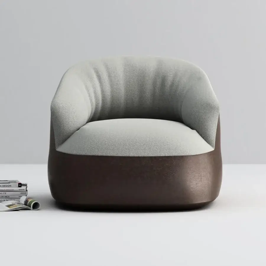 Distinguished Horm Edith swivel lounge chair with enveloping form upholstered in textured textile with two-tone light gray and medium brown finish