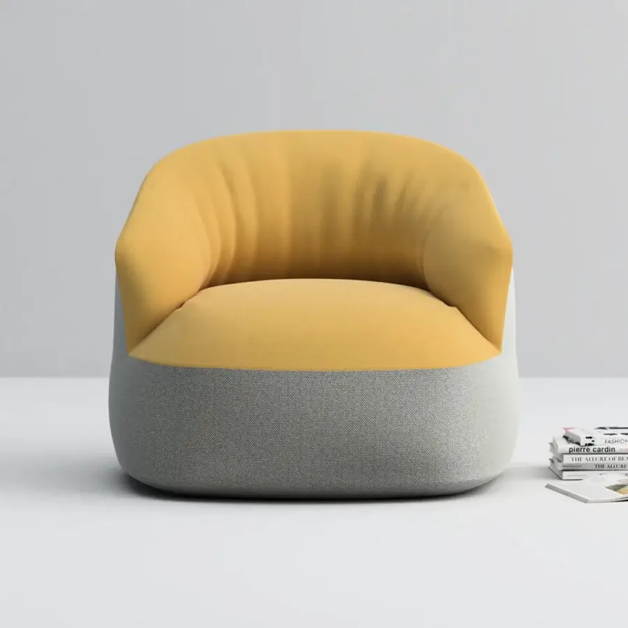 Exceptional Horm Edith swivel lounge chair with enveloping form upholstered in vibrant yellow and gray textile with smooth matte finish