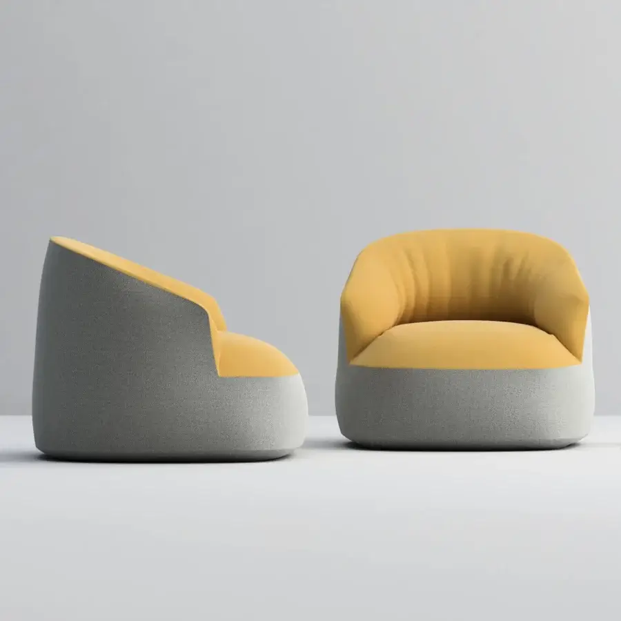 Lavish Horm Edith swivel lounge chair with enveloping form upholstered in textured textile with vibrant yellow interior