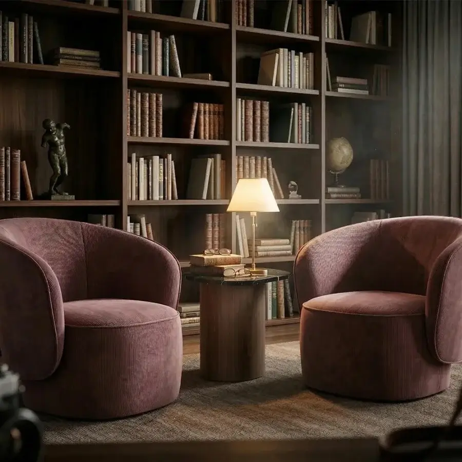 Captivating Horm Étoile swivel lounge chair with enveloping form upholstered in textured rose textile and a 360-degree base