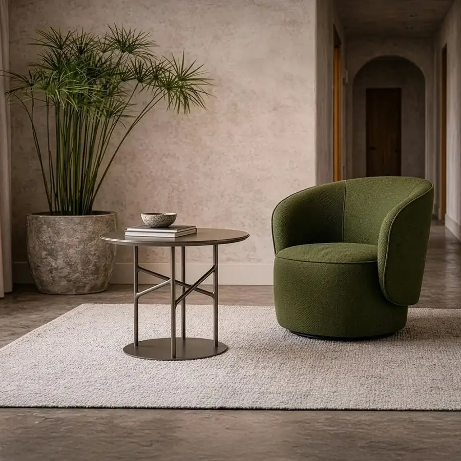 Superior Horm Étoile swivel lounge chair with gently curved lines upholstered in textured olive green textile and dark-toned circular base