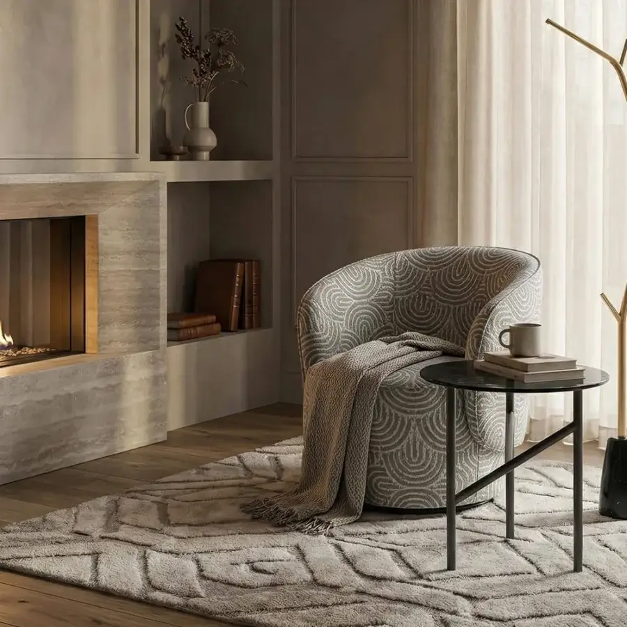 Distinctive Horm Étoile swivel lounge chair upholstered in textured gray-blue textile with a dark matte metal base
