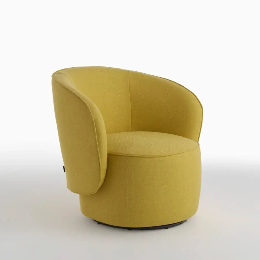 Harmonious Horm Étoile swivel lounge chair upholstered in textured muted yellow textile with a calibrated form