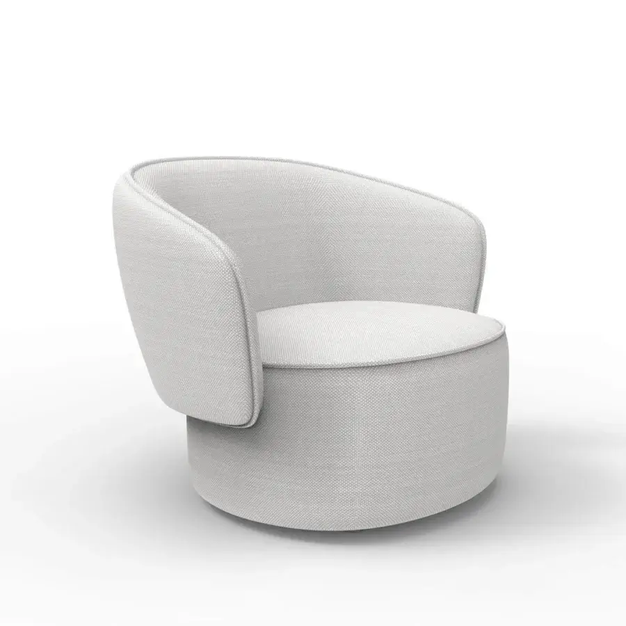 Superior Horm Étoile swivel lounge chair upholstered in textured pale gray textile with integrated armrests and calibrated volumes