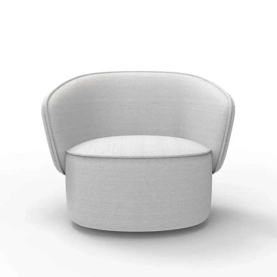 Captivating Horm Étoile swivel lounge chair upholstered in subtly textured light neutral gray textile with fluid rounded form