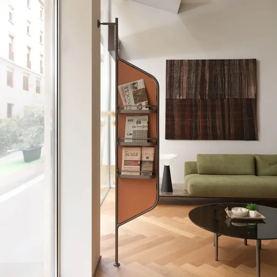 Architectural Horm Bebel mirror with slender painted metal frame and terracotta leather covering built with integrated shelving