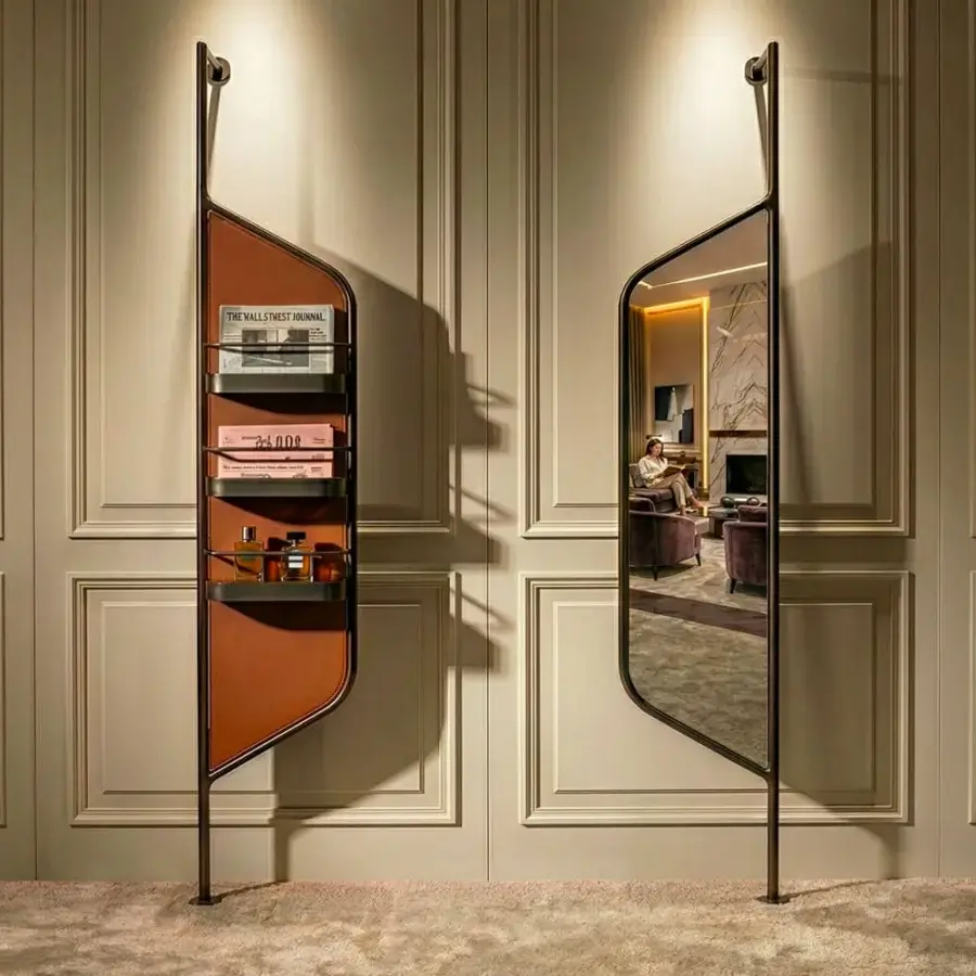 Distinguished Horm Bebel mirror with warm reddish-brown painted metal and refined wooden shelving creating a balanced reflective surface
