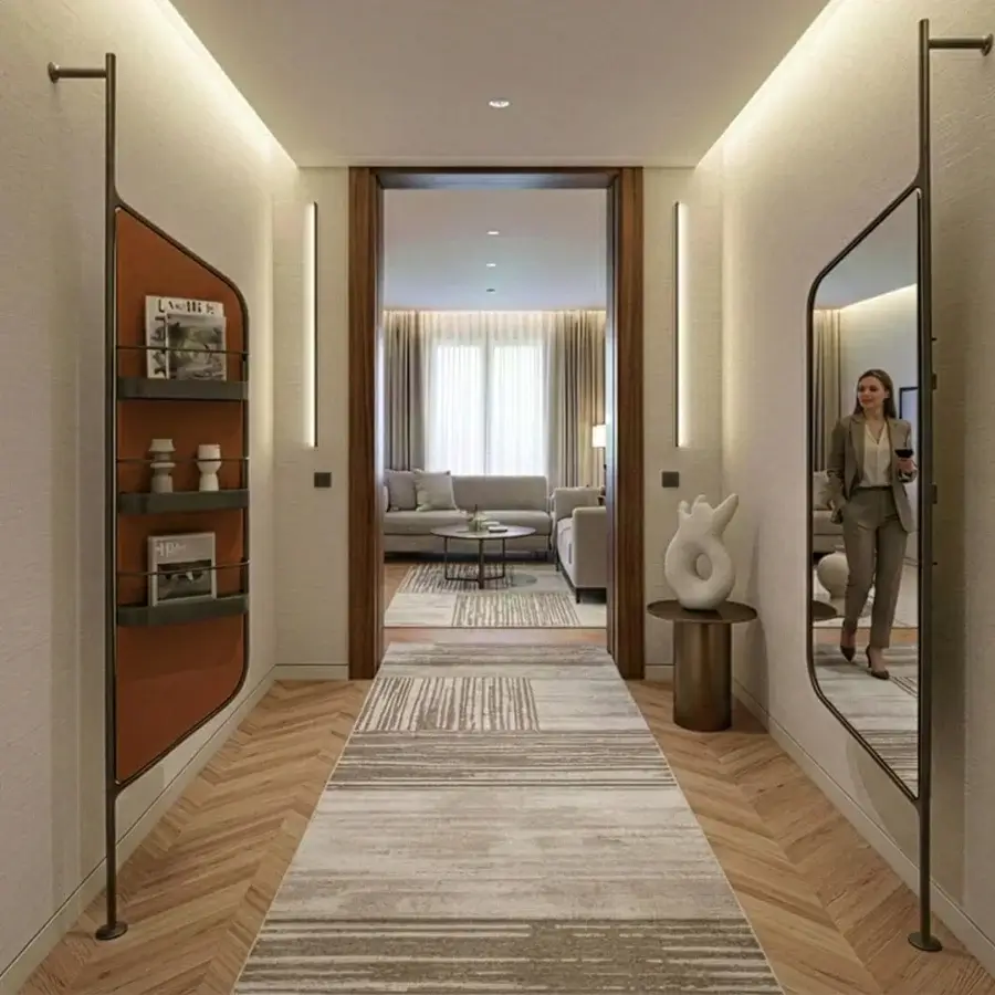 Exceptional Horm Bebel mirror with arched silhouette, dark matte metal frame and refined leather detailing