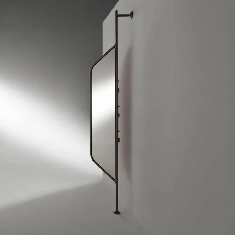 Distinguished Horm Bebel mirror with slender painted metal, refined leather detailing and integrated shelving in matte finish
