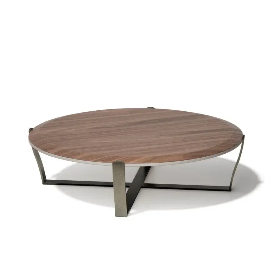 Distinguished Capital Aristo coffee table with intersecting metal base and warm wood tabletop in satin finish