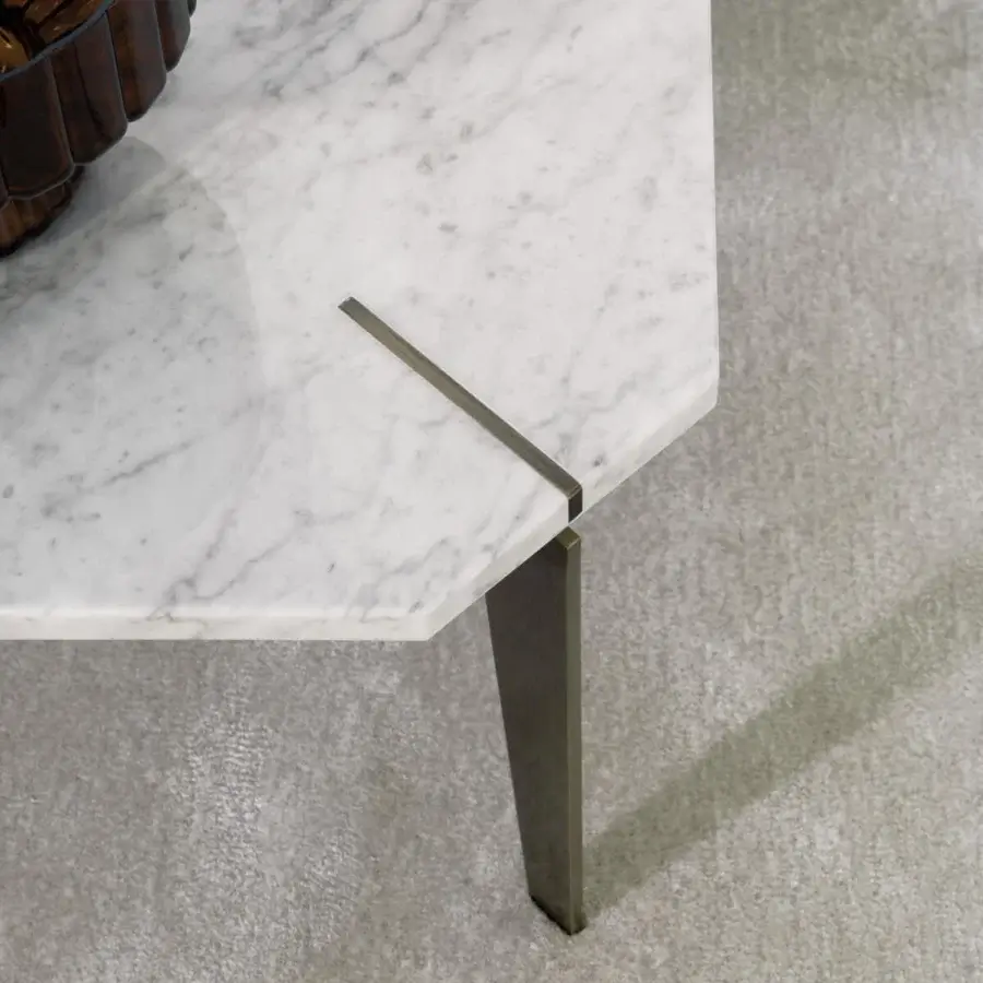 Superior Capital Eclectic coffee table with polished white and grey veined marble tabletop and dark bronze satin angled metal legs