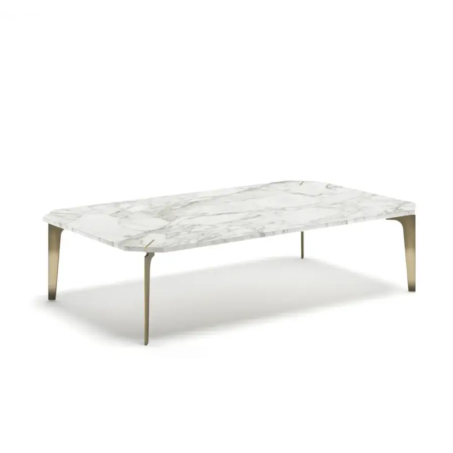 Exceptional Capital Eclectic coffee table with polished white marble tabletop and brass-like golden finish legs