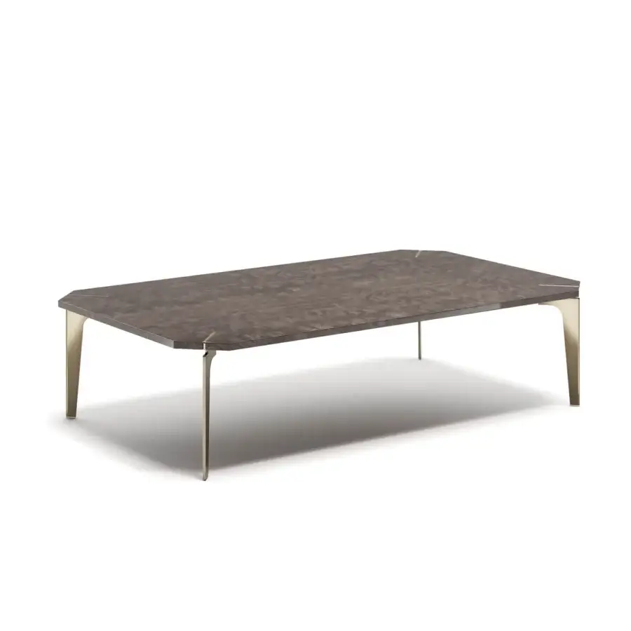 Distinguished Capital Eclectic coffee table with rectangular wood tabletop and sleek gold-toned metal legs in a matte finish