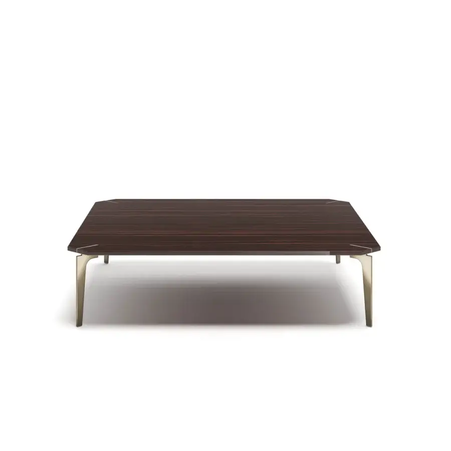Elegant Capital Eclectic coffee table with reddish-brown striped wood and sleek metal legs crafted in Italy with a glossy sheen