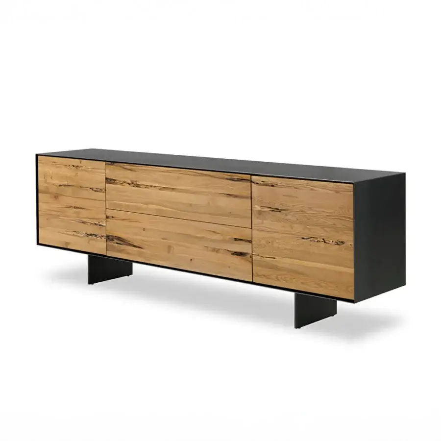 Exceptional Riva 1920 Rialto Fly sideboard built with blockboard and solid wood in a natural finish with slender iron legs